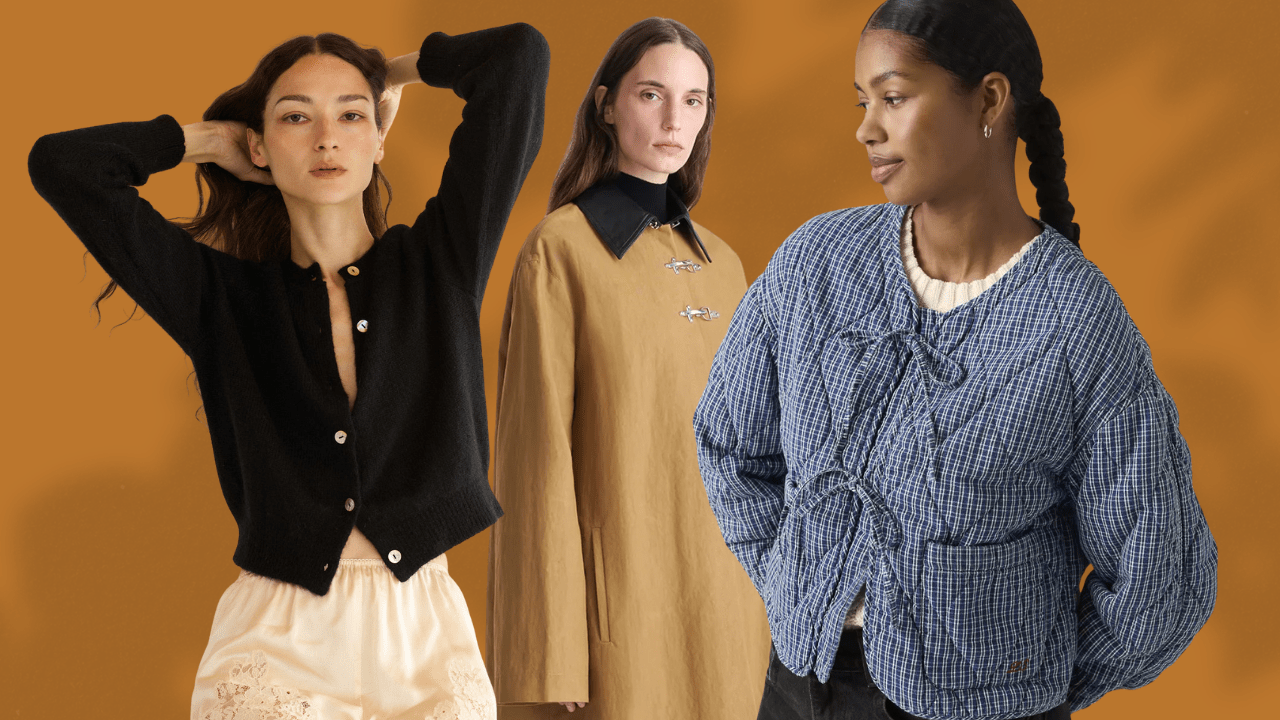 From left to right: A woman in a black cardigan, a woman in a khaki coat, a woman in a denim quilted jacket